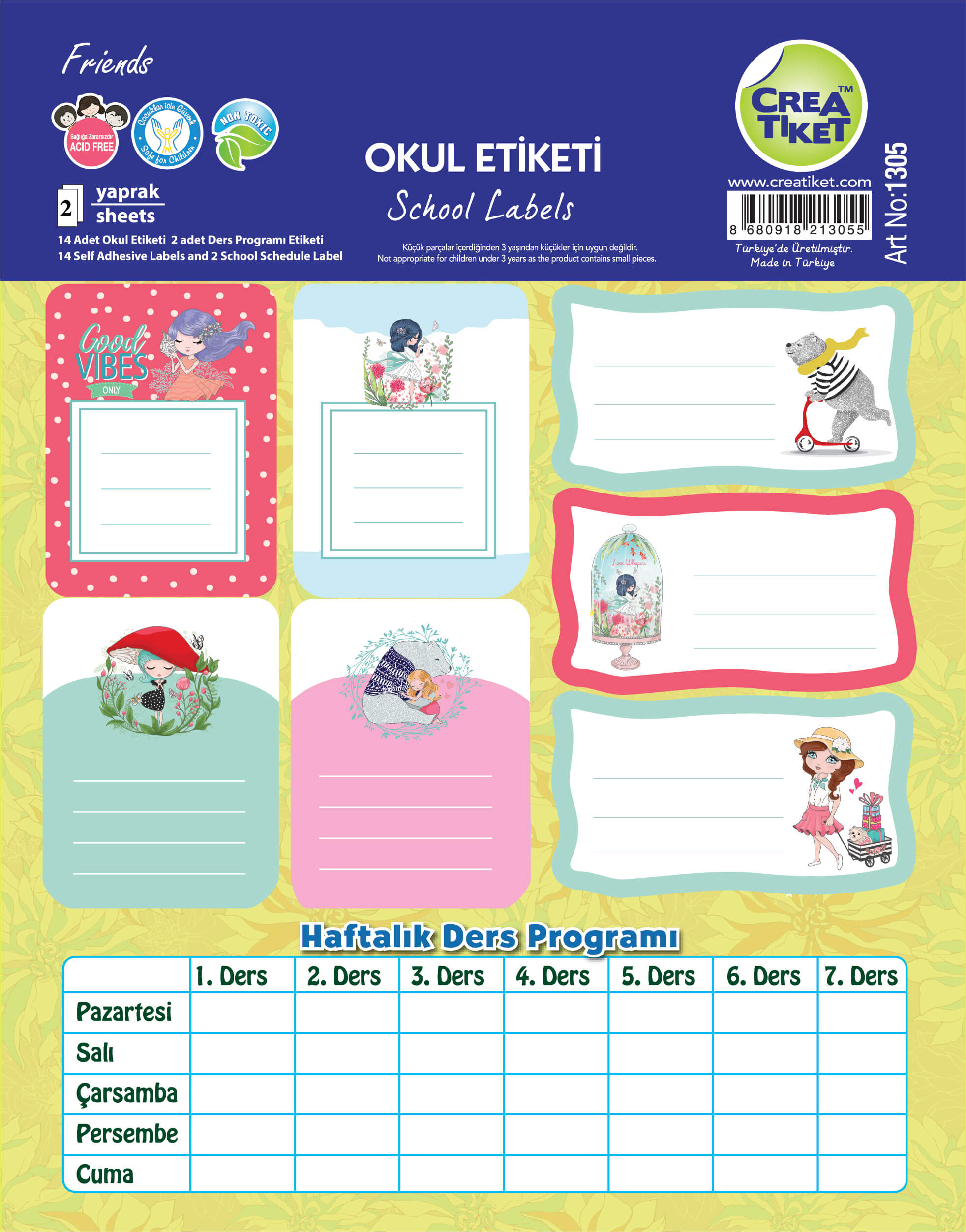 Art No : 1305 | Special Effect Name Labels With Weekly School Schedule - Friends
