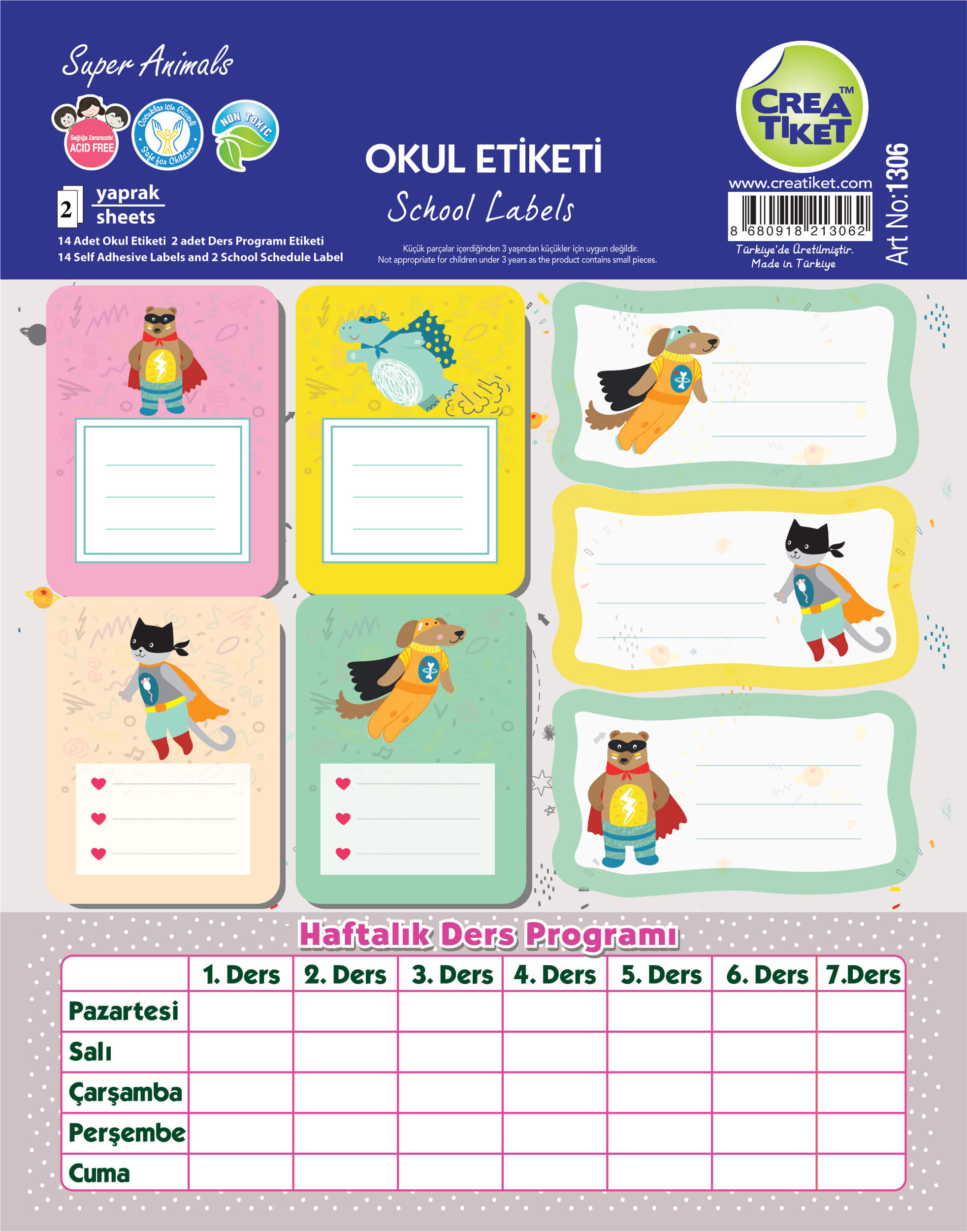 Art No : 1306 | Special Effect Name Labels With Weekly School Schedule - Super Animals
