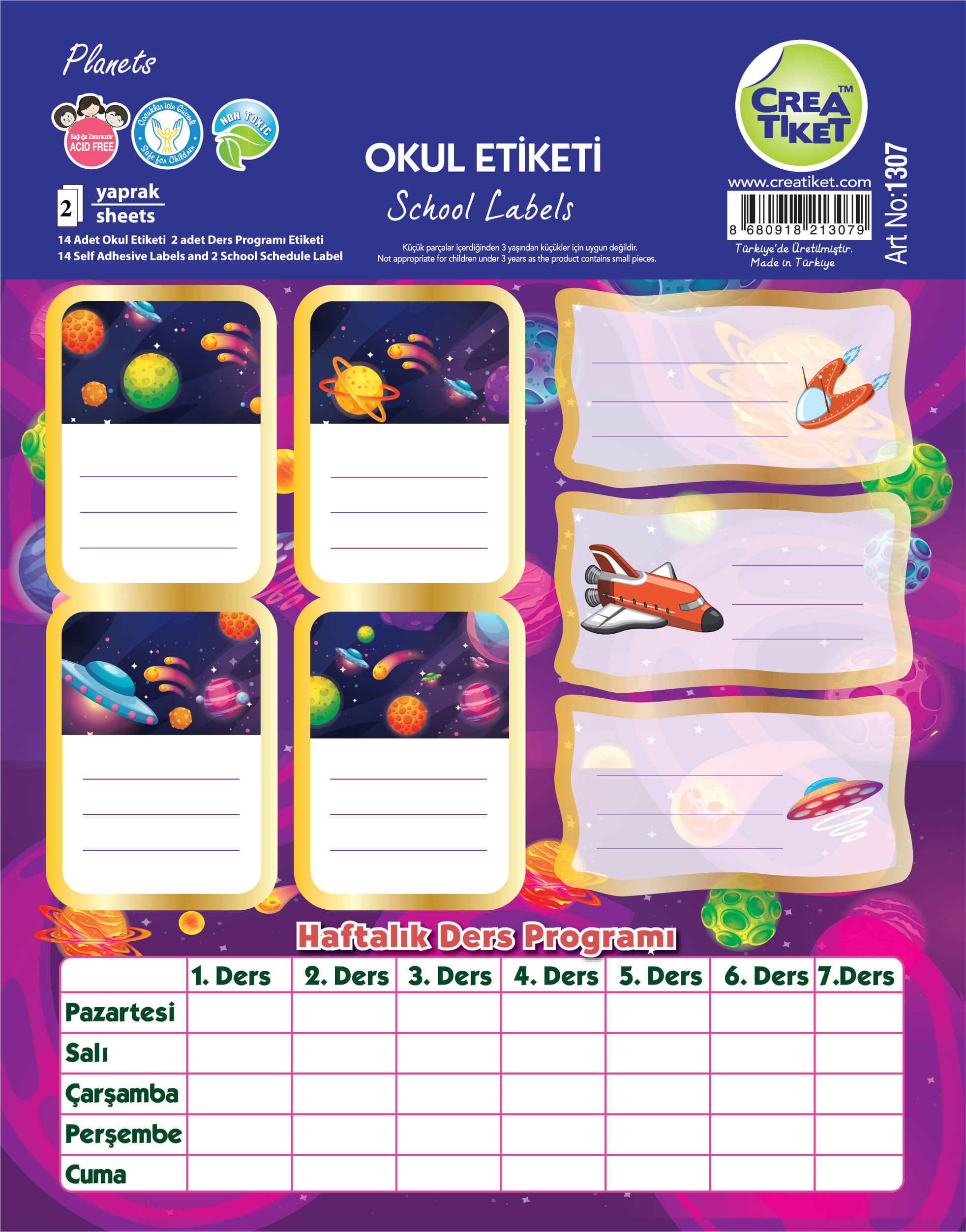 Art No : 1307 | Special Effect Name Labels With Weekly School Schedule - Planets