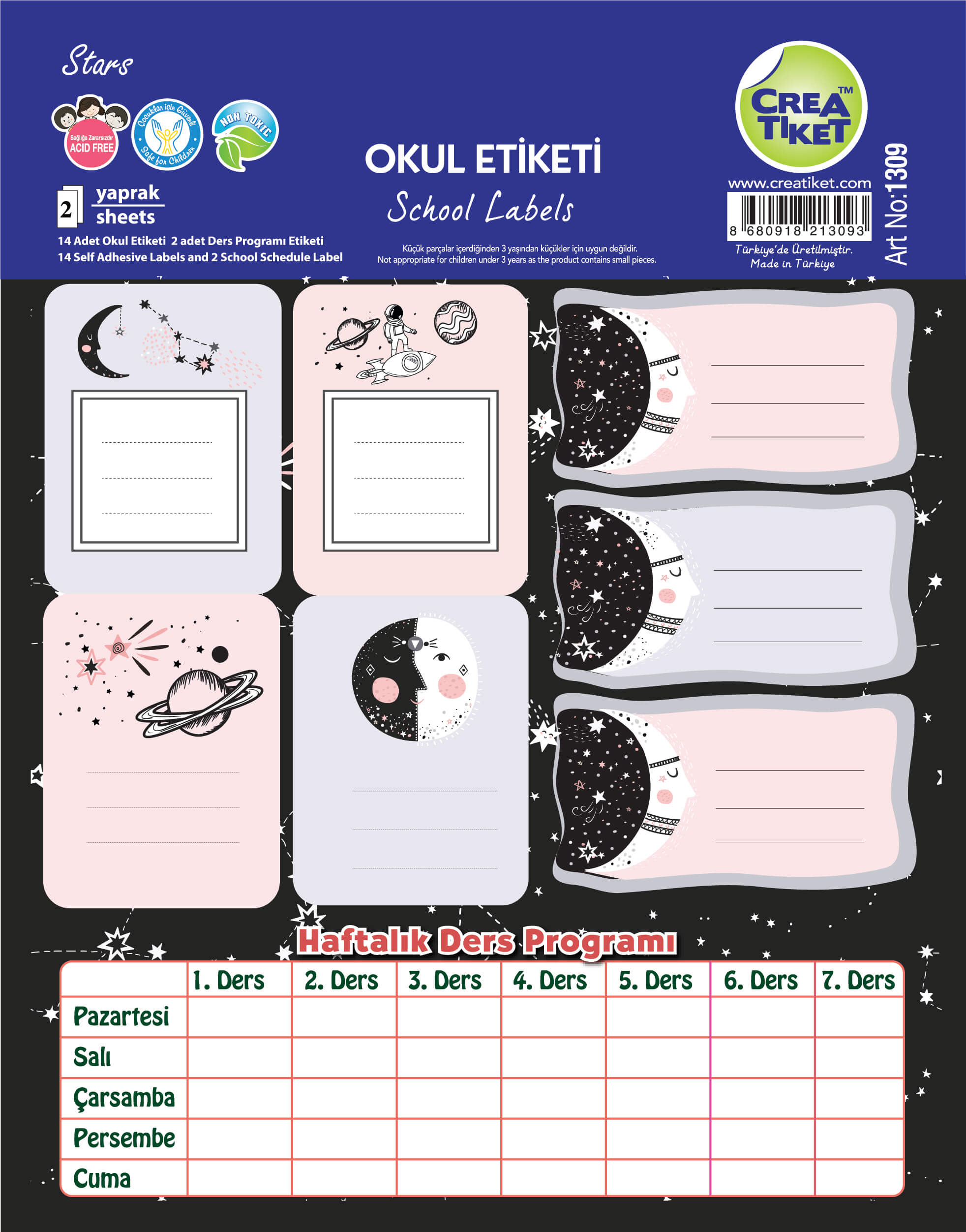 Art No : 1309 | Special Effect Name Labels With Weekly School Schedule - Stars